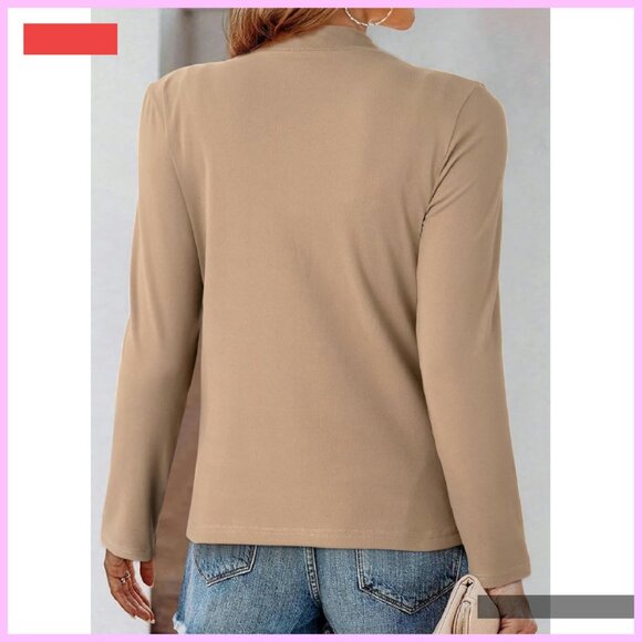 Mock Neck Twist Knot Blouse Long Sleeve Slim Fit Stretch Tee Business Casual - Picture 2 of 4